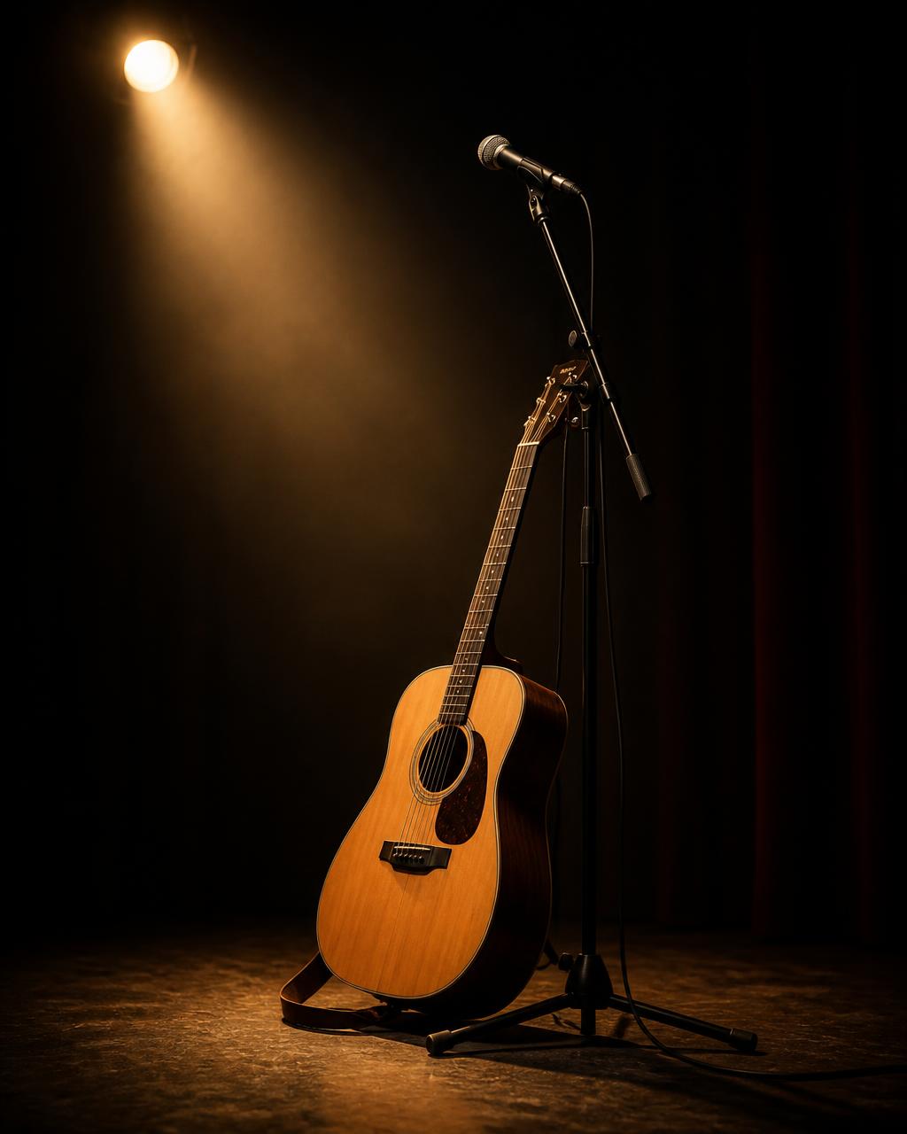 Acoustic guitar and microphone under a warm spotlight on a dark Nashville stage